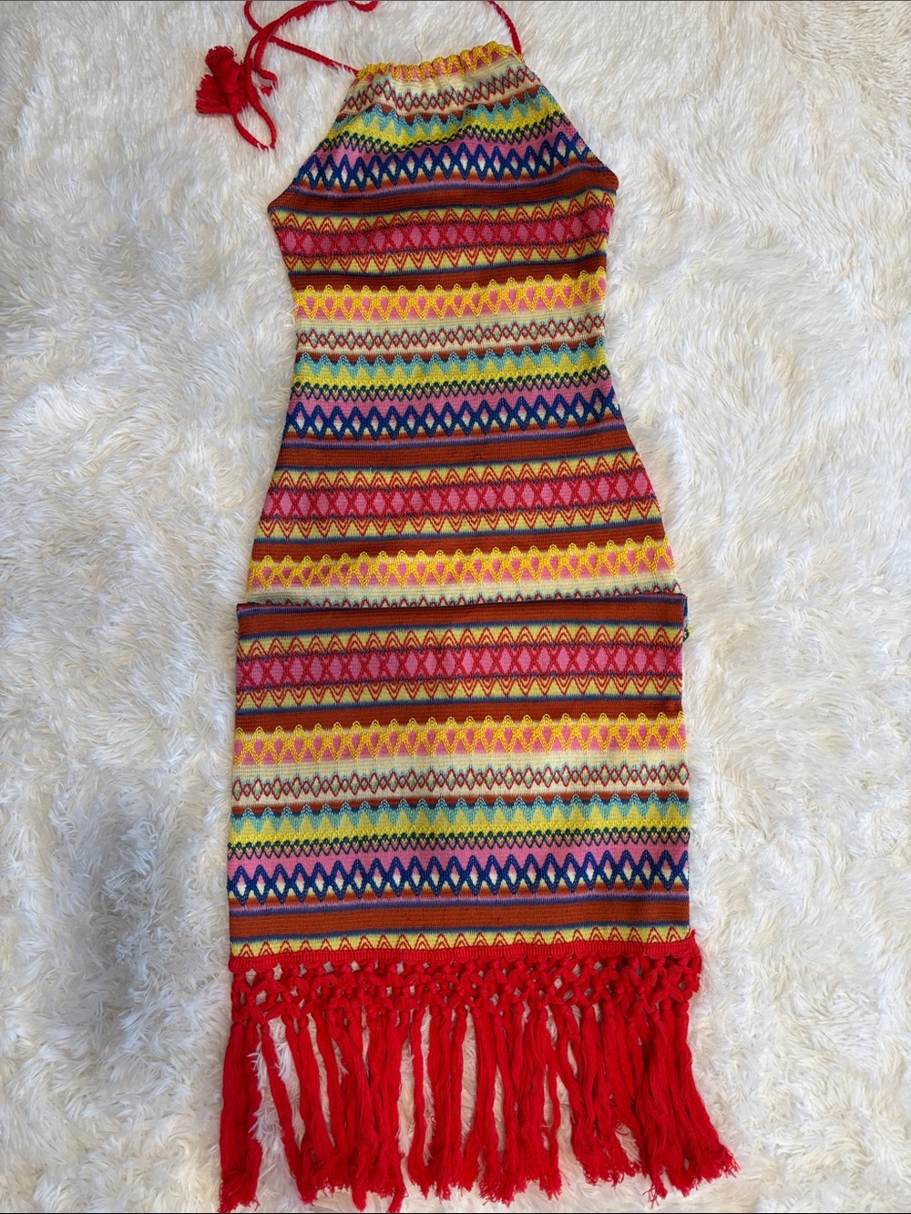 Colorful Knit Halter Dress with Fringe